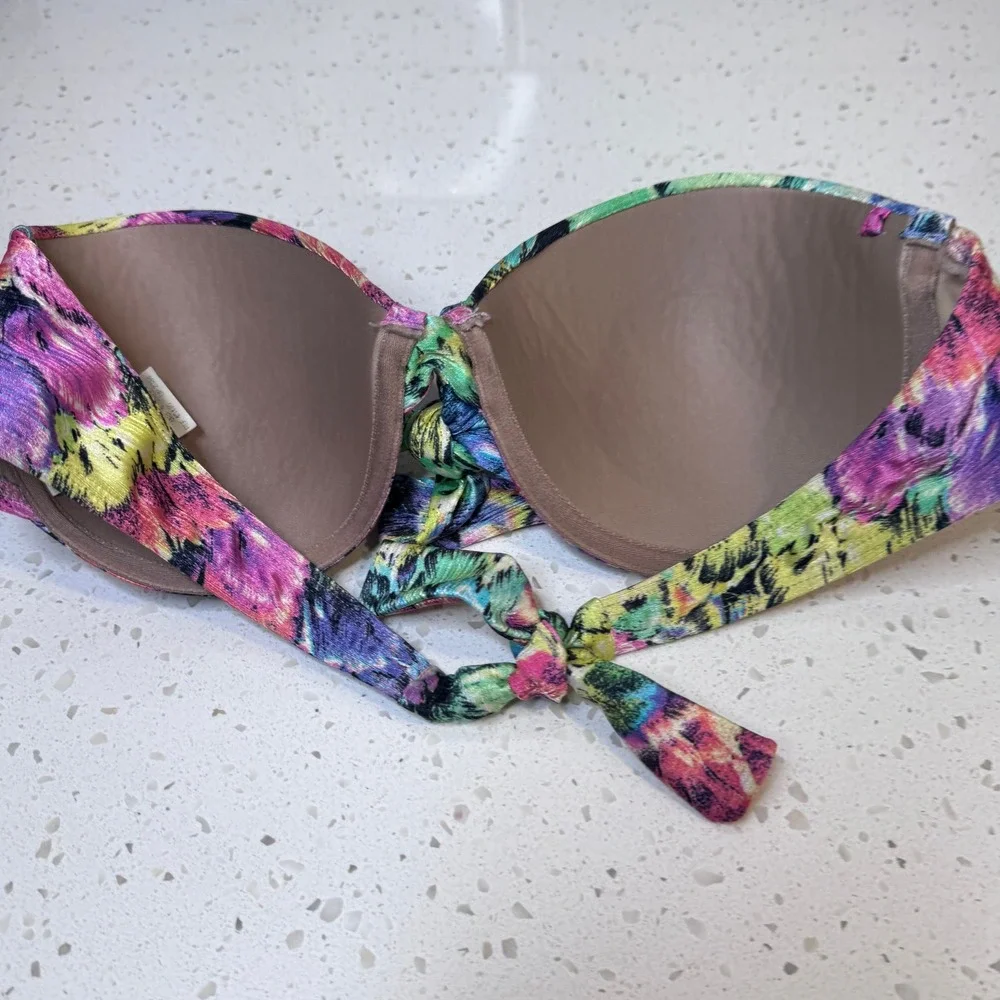 Y2K New Beach G Brazil Floral Bandeau Bikini Top Padded Knot Strapless Size M